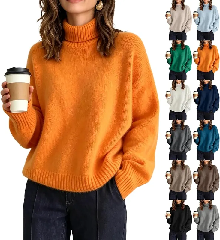 Generic Womens Fall Sweaters Slim Turtleneck Warm in A001saffron