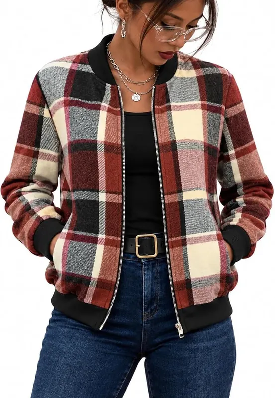 Generic Womens Flannel Jacket Plaid Zip Up in Brick Red