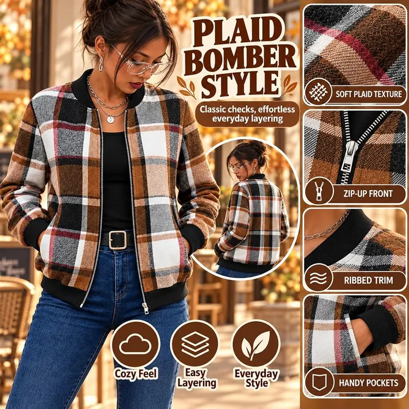 Generic Womens Flannel Jacket Plaid Zip Up – Roomy oversized relaxed fit