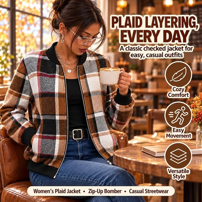 Generic Womens Flannel Jacket Plaid Zip Up – Convenient full front zipper