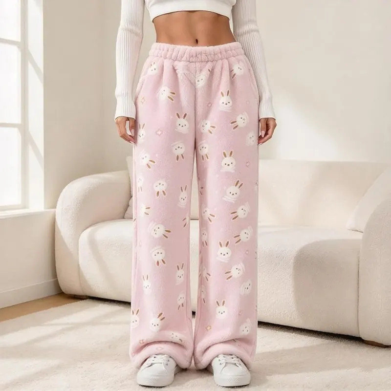 Generic Womens Fuzzy Pajama Pants Soft Plush – Casual Wide Leg Fit
