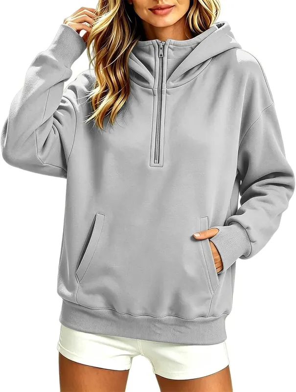 Generic Womens Half Zip Pullover Oversized Long A007-gray in A007-gray