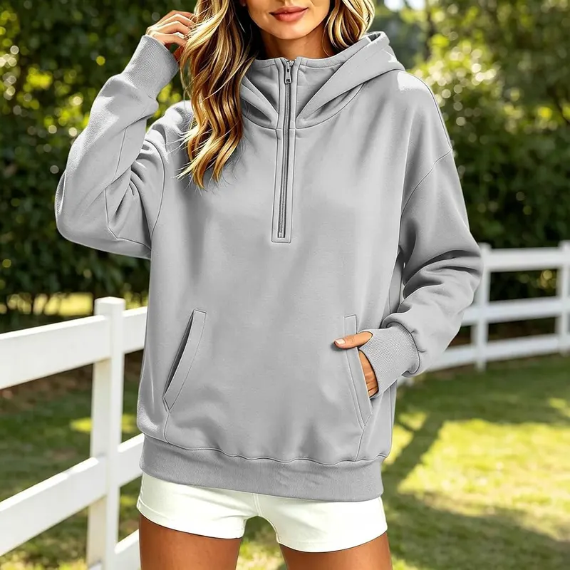 Generic Womens Half Zip Pullover Oversized Long A007-gray – Half Zip Design