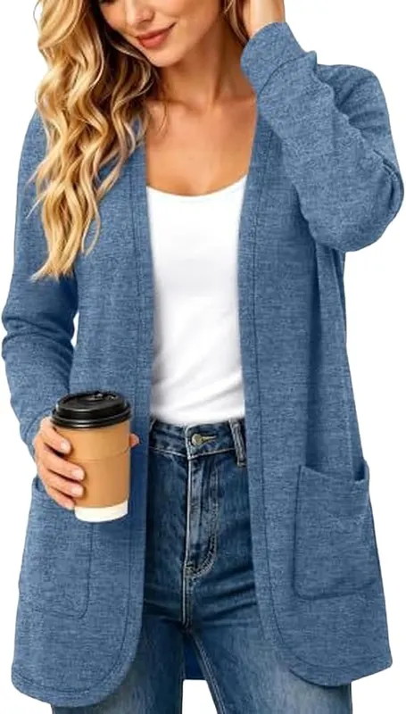 Generic Womens Long Cardigan Lightweight Open Front D05 Blue in D05 Blue