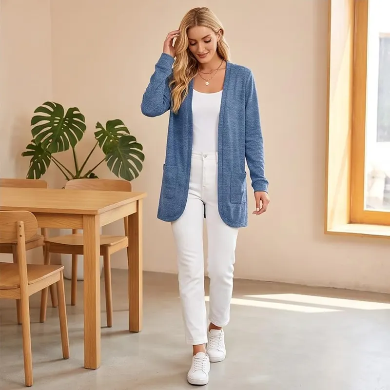 Generic Womens Long Cardigan Lightweight Open Front D05 Blue – Versatile Casual Outerwear