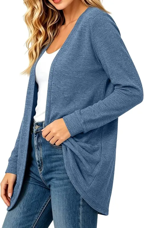 Generic Womens Long Cardigan Lightweight Open Front D05 Blue – Functional Side Patch Pockets