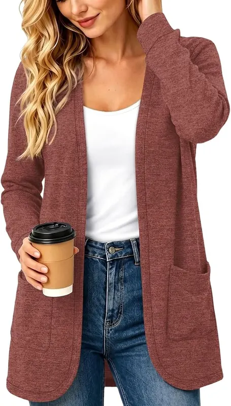 Generic Womens Long Cardigan Long Sleeve Open D10 Vermilion in D10 Vermilion
