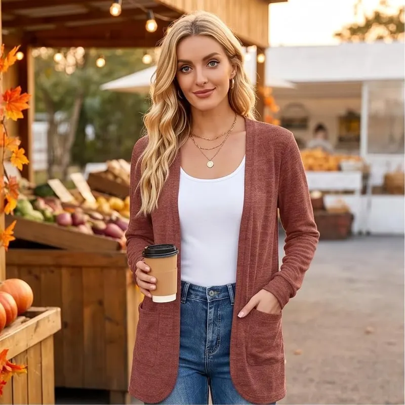 Generic Womens Long Cardigan Long Sleeve Open D10 Vermilion – Soft & Lightweight Fabric