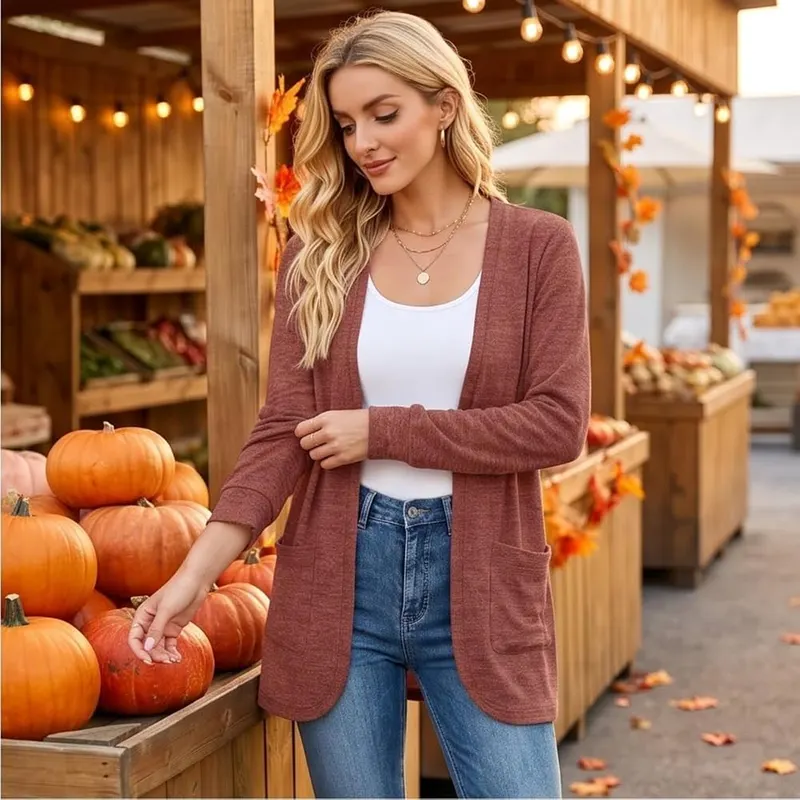 Generic Womens Long Cardigan Long Sleeve Open D10 Vermilion – Long Sleeve & Curved Hem Details