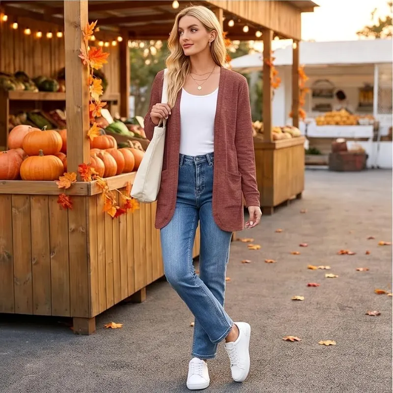 Generic Womens Long Cardigan Long Sleeve Open D10 Vermilion – Open Front Long Cardigan Silhouette