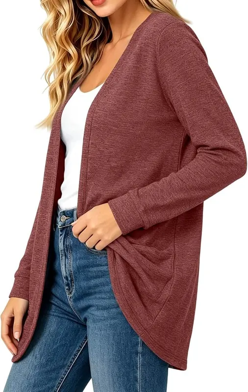 Generic Womens Long Cardigan Long Sleeve Open D10 Vermilion – Functional Side Patch Pockets