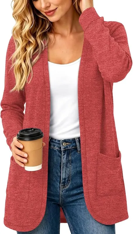 Generic Womens Long Cardigan Open Front Long D09 Red in D09 Red