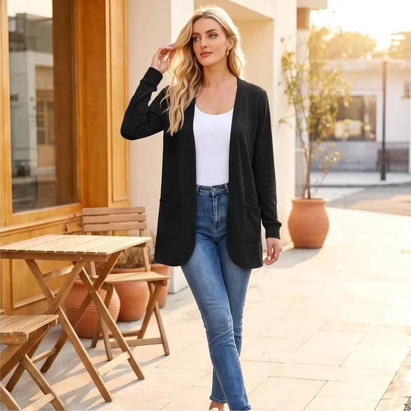 Generic Womens Long Cardigan Sweaters Long Sleeve D02 Black – Long Sleeve & Curved Hem Details