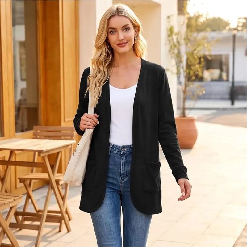 Generic Womens Long Cardigan Sweaters Long Sleeve D02 Black – Open Front Long Cardigan Silhouette