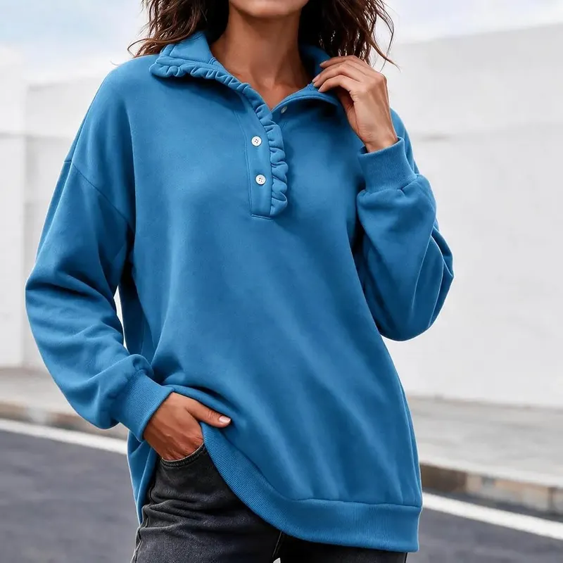 Generic Womens Mock Neck Sweatshirt Oversized Ruffle T004-blue – product photo 2 of 4