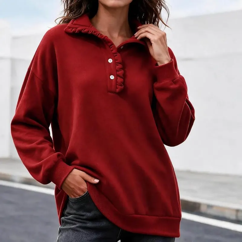 Generic Womens Mock Neck Sweatshirt Oversized Ruffle T008-wine X-Large – Soft & Comfortable Fabric