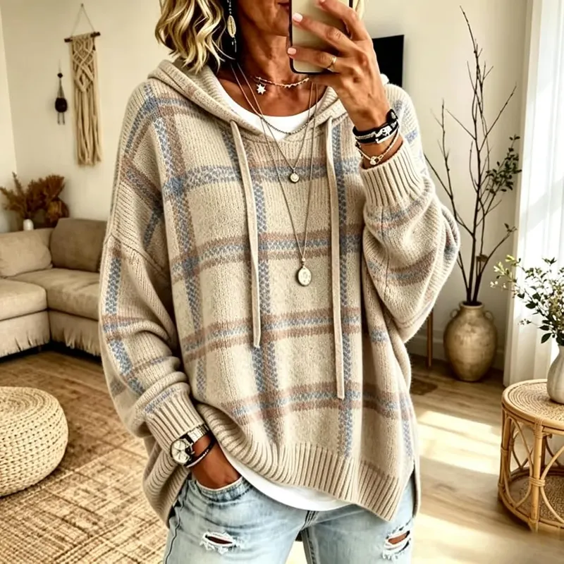 Generic Womens Oversized Plaid Knitted Sweaters Long A001-beige – Oversized Fit