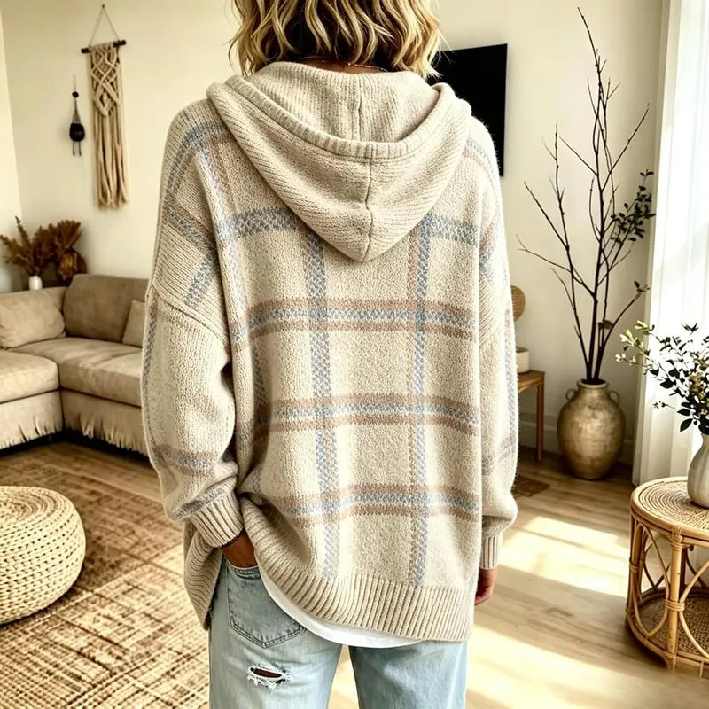 Generic Womens Oversized Plaid Knitted Sweaters Long A001-beige – Plaid Pattern
