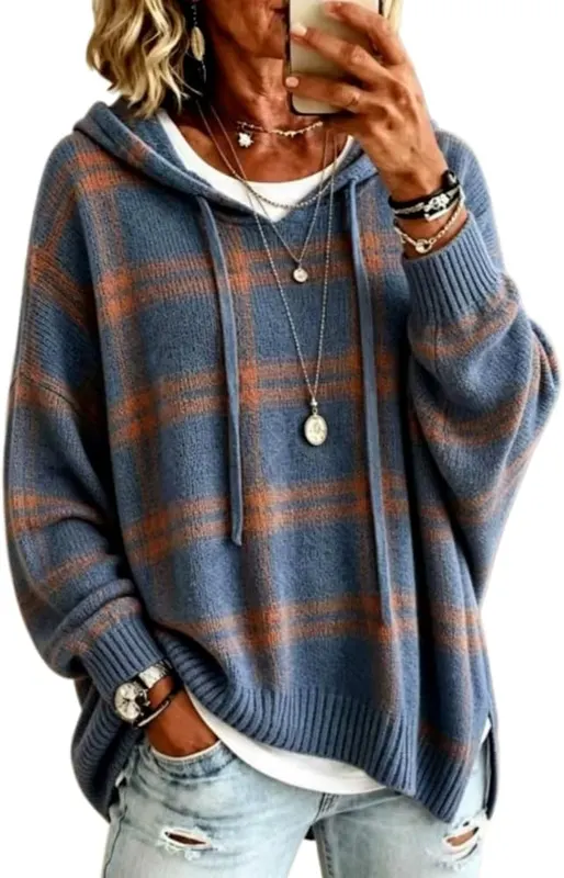 Generic Womens Oversized Plaid Knitted Sweaters Long A002-blue in A002-blue