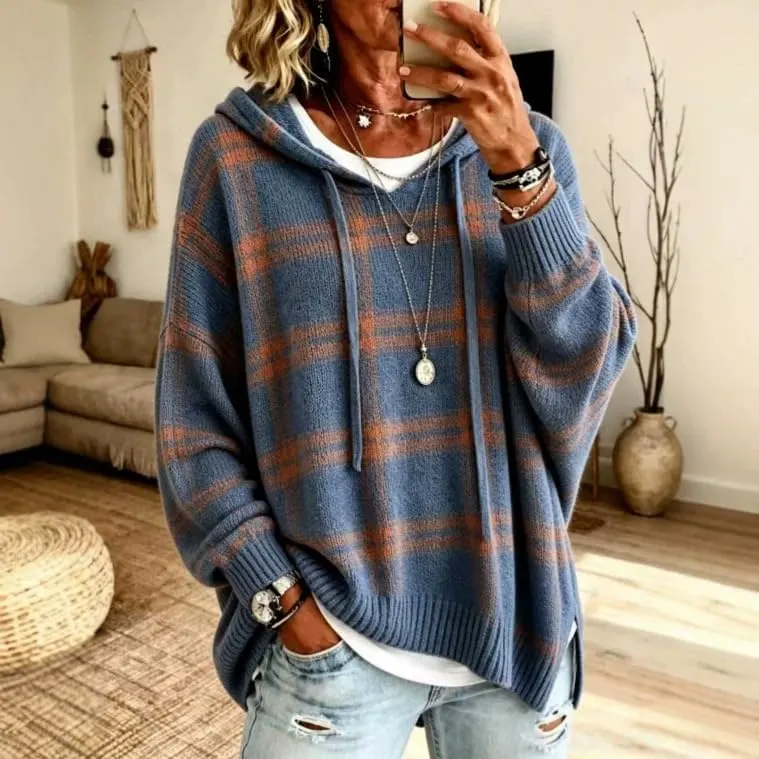 Generic Womens Oversized Plaid Knitted Sweaters Long A002-blue – Oversized Fit