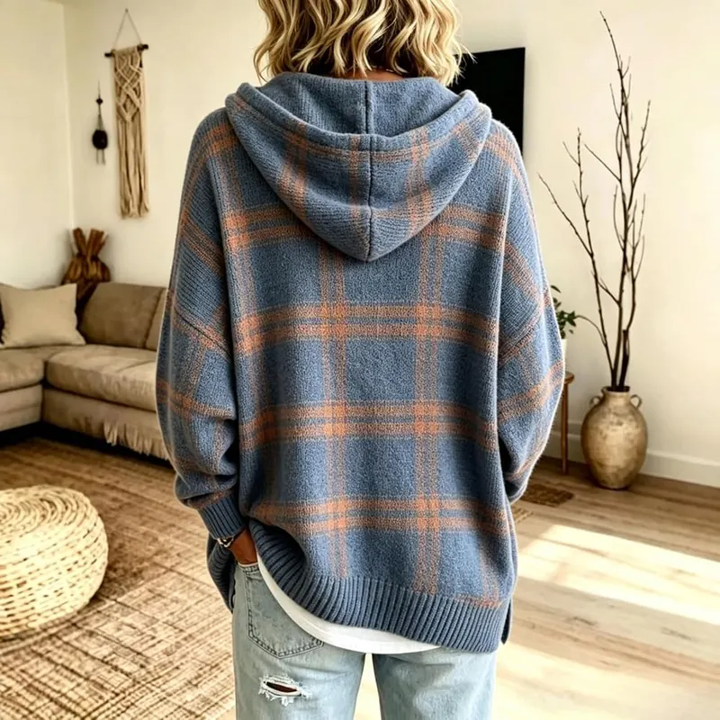 Generic Womens Oversized Plaid Knitted Sweaters Long A002-blue – Plaid Pattern
