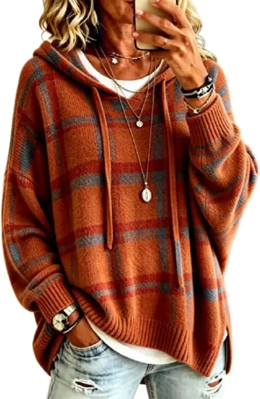 Generic Womens Oversized Plaid Knitted Sweaters Long A005-saffron in A005-saffron
