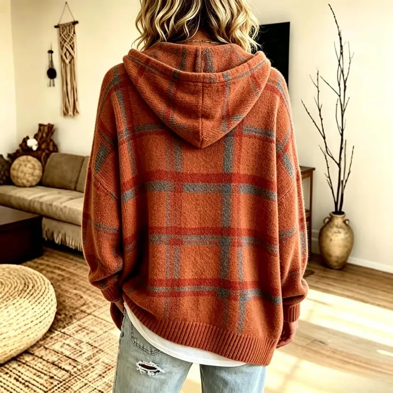 Generic Womens Oversized Plaid Knitted Sweaters Long A005-saffron – Plaid Pattern