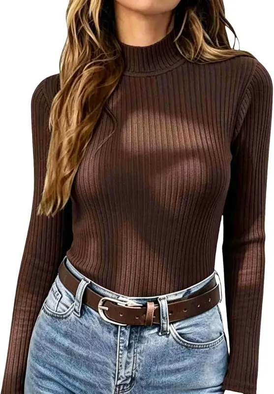 Generic Womens Ribbed Long Sleeve Tops Mock A005-coffee in A005-coffee