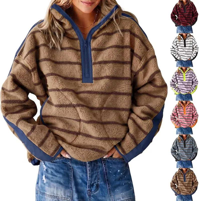 Generic Womens Striped Sweatshirt Fuzzy Stand Collar in A001-brown