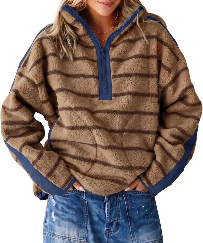 Generic Womens Striped Sweatshirt Fuzzy Stand Collar – Soft fuzzy fleece fabric