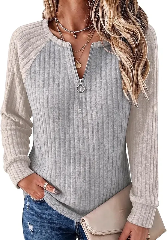 Generic Womens Tops Zipper V Neck Ribbed in Cl7-light Brown
