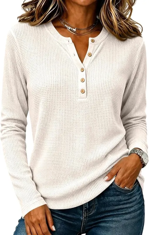Generic Womens Waffle Knit Long Sleeve Shirts A003-beige in A003-beige