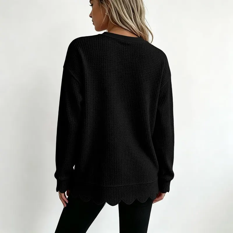 Generic Womens Waffle Knit Top Long Sleeve B003-black – Textured waffle knit fabric