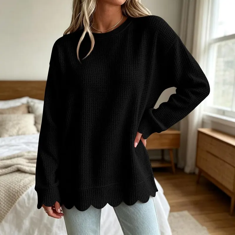 Generic Womens Waffle Knit Top Long Sleeve B003-black – Classic crewneck collar style