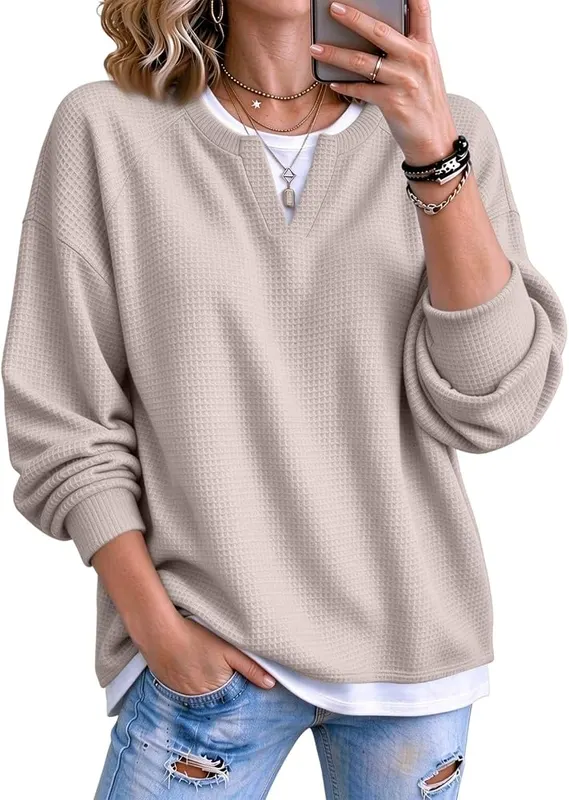 Generic Womens Waffle Knit Tops Long Sleeve D07 Khaki in D07 Khaki