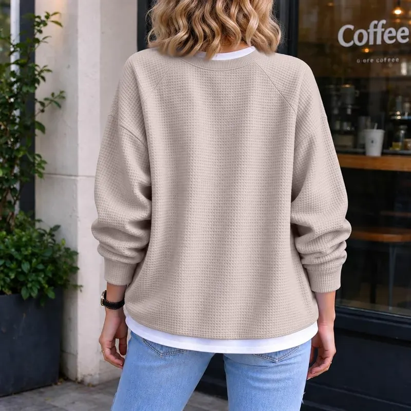Generic Womens Waffle Knit Tops Long Sleeve D07 Khaki – Multi-Color & Seasonal Versatile Top