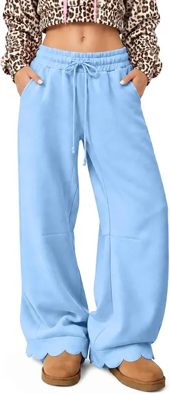Generic Womens Wide Leg Pants Drawstring Oversized A005-blue in A005-blue