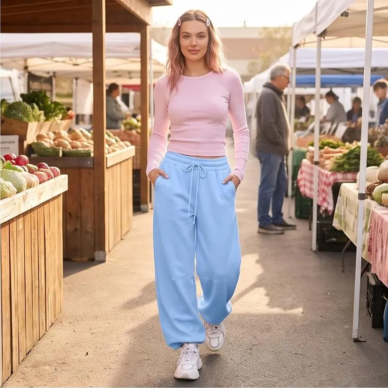Generic Womens Wide Leg Pants Drawstring Oversized A005-blue – product photo 3 of 8