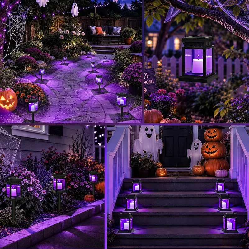GIGALUMI 8 Pack Solar Halloween Lanterns Outdoor – Constant purple glow