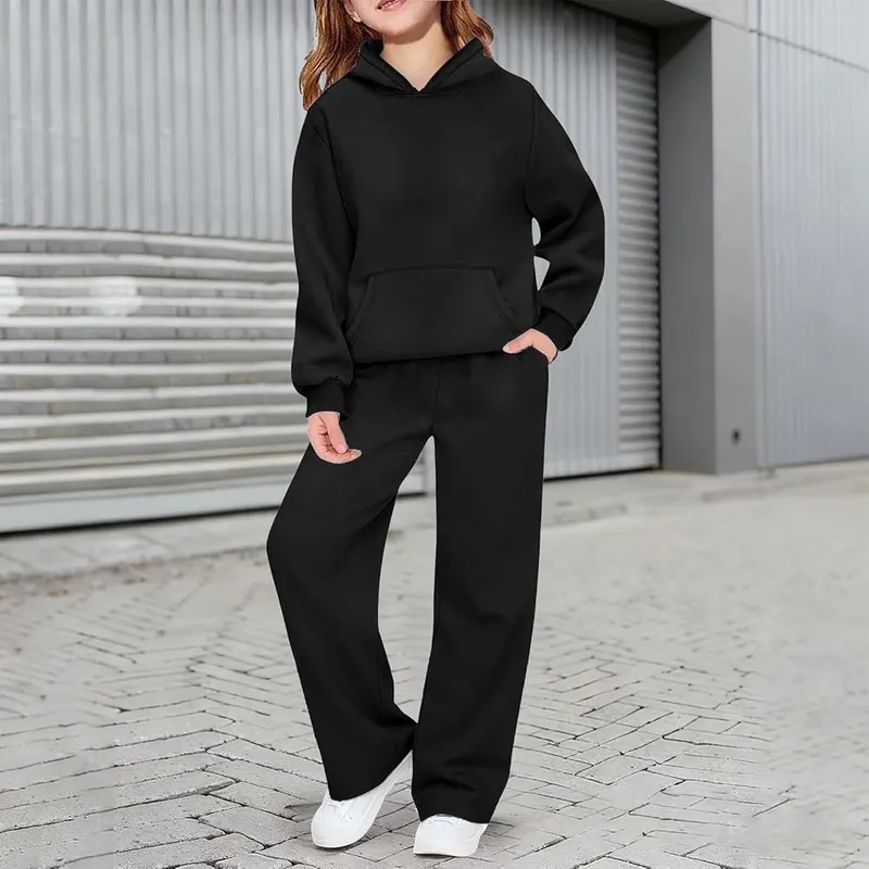 Girls Sweatsuit Drop Shoulde Pullover Tops Black – Cozy two piece matching outfit