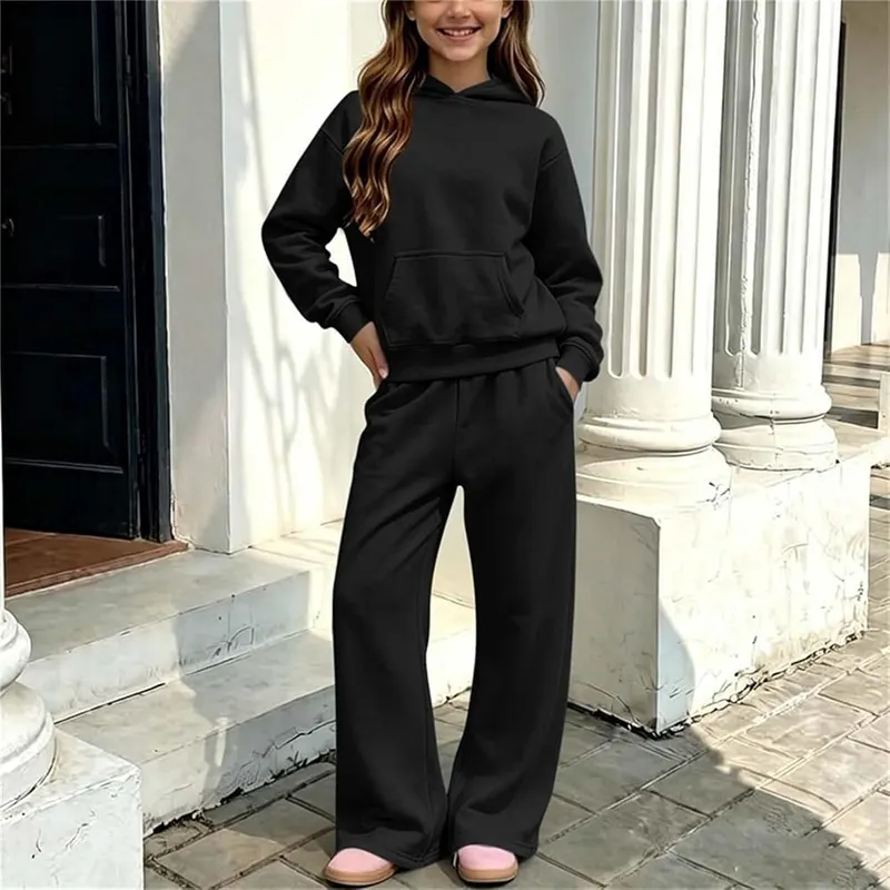 Girls Sweatsuit Drop Shoulde Pullover Tops Black – Comfortable pull on jogger pants