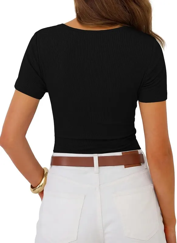 GKBK Short Sleeve Black Tops – Lace V neck detail