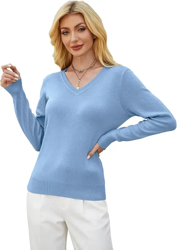 GKBK Womens Sweaters Lightweight V Neck Fall Blue – Lightweight V-neck pullover sweater
