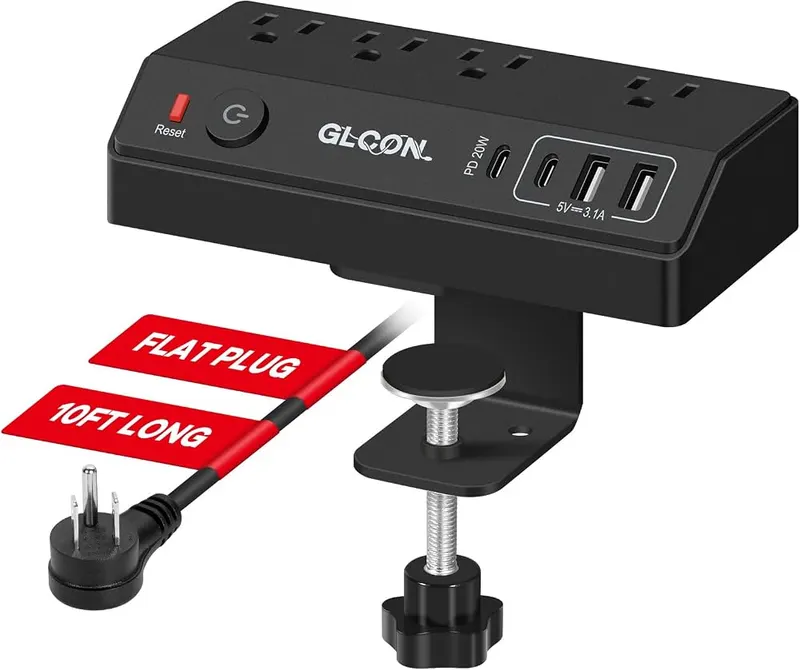 GLCON Desk Clamp Power Strip in Black