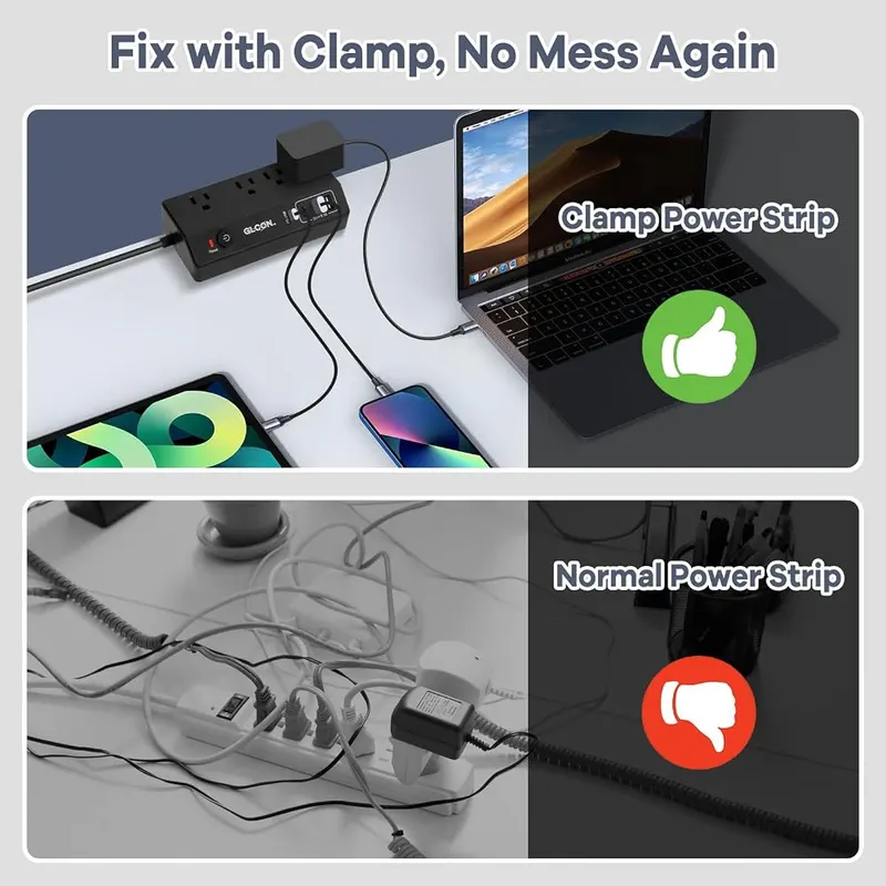 GLCON Desk Clamp Power Strip – 20W USB C fast charging