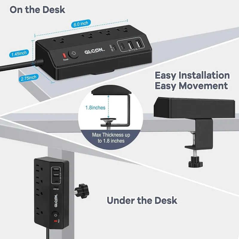GLCON Desk Clamp Power Strip – 10 foot extension cord