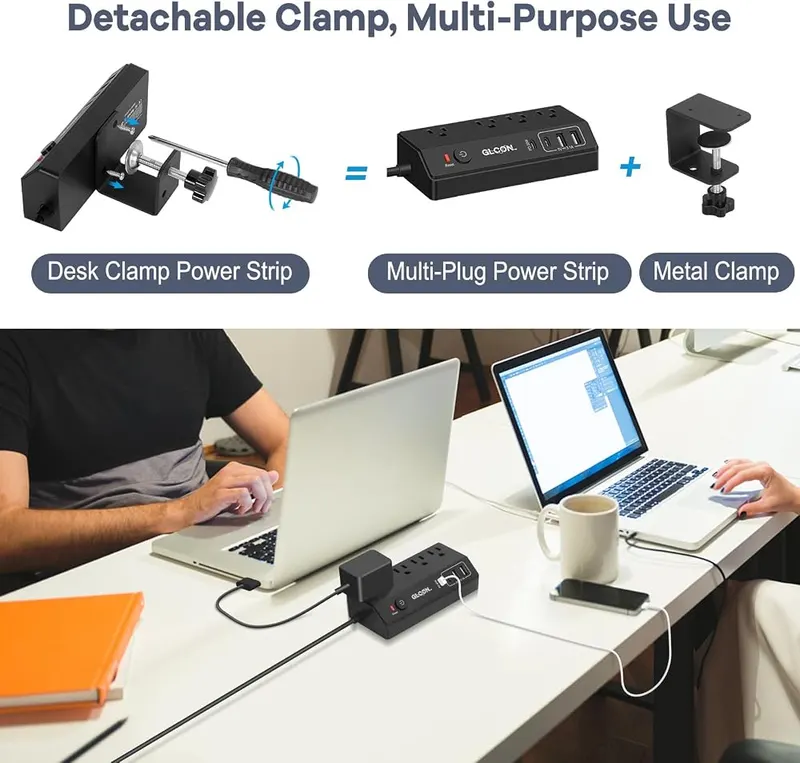 GLCON Desk Clamp Power Strip – Fits 1.8 inch tabletop edge