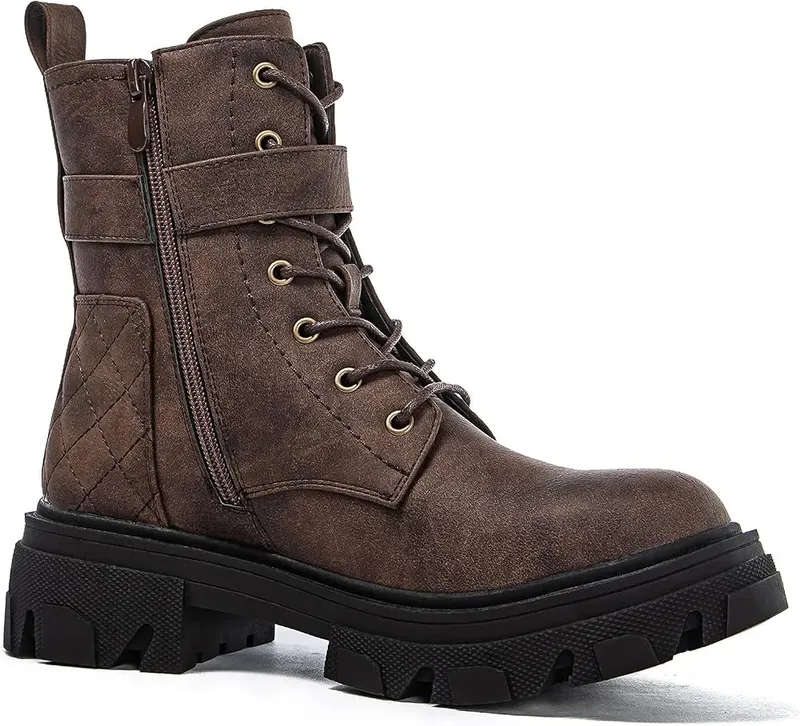 GLOBALWIN Women’s Combat Boots Lace Up Brown – Secure lace-up front with side zipper