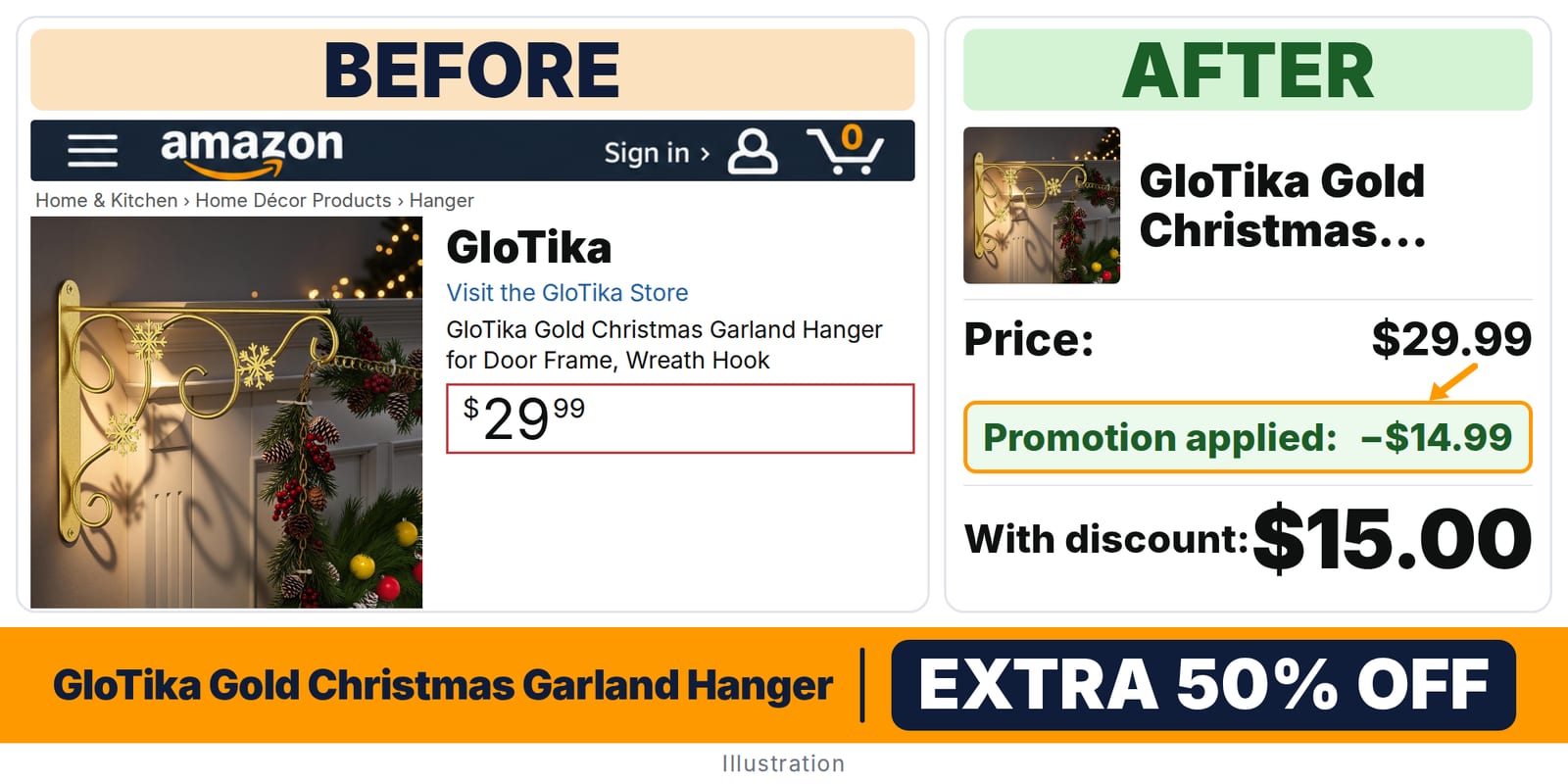 GloTika Gold Christmas Garland Hanger deal: before and after – promo code QNLF2VYU, 50% off on Amazon