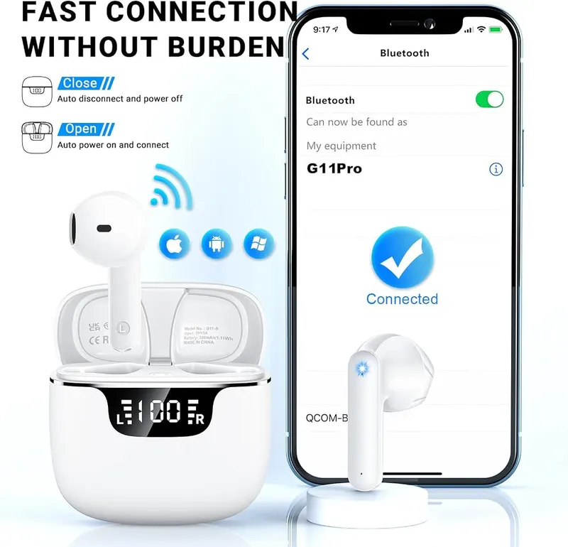Godyse Wireless Earbuds White – One-Step Pairing with Smart Touch Control